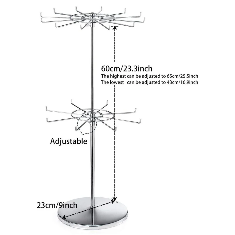 2 Tier Rotating Jewelry Display Stand Adjustable Chrome Necklace Carousel Rack